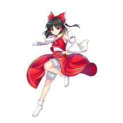 Rule 34 | 1girl, black hair, bloomers, bow, brown eyes, closed mouth, detached sleeves, full body, game cg, hair bow, hair tubes, hakurei reimu, highres, leg up, looking at viewer, medium hair, needle, perfect cherry blossom, red bow, red skirt, red vest, ribbon-trimmed sleeves, ribbon trim, rotte (1109), shirt, sidelocks, simple background, skirt, socks, solo, third-party source, touhou, touhou lostword, underwear, v-shaped eyebrows, vest, white background, white shirt, white socks, wide sleeves