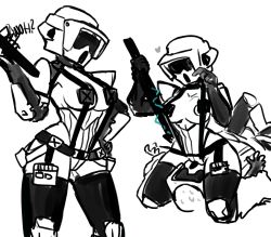 Rule 34 | 1girl, artist request, grabbing another&#039;s breast, grabbing, helmet, highres, scout trooper, sitting, sitting on person, star wars, thighhighs, thighs