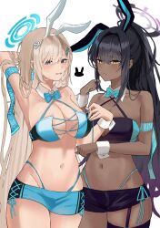 Rule 34 | 2girls, absurdres, alternate costume, animal ears, aqua bow, aqua bowtie, arm up, armpits, asuna (blue archive), bad id, bad twitter id, bare shoulders, black hair, blonde hair, blue archive, blue bow, blue bowtie, blue eyes, blue panties, blue skirt, blush, bow, bowtie, breasts, cleavage, commentary, dark-skinned female, dark skin, detached collar, english commentary, fake animal ears, hair ornament, hairband, hairclip, halo, highleg, highleg panties, highres, karin (blue archive), large breasts, long hair, looking at viewer, microskirt, momimi, multiple girls, navel, panties, parted lips, ponytail, rabbit ears, simple background, skirt, smile, stomach, teeth, underwear, white background, white hairband, wrist cuffs, yellow eyes