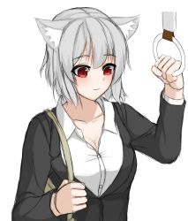 Rule 34 | 1girl, absurdres, alternate costume, animal ears, blush, breasts, cleavage, closed mouth, collarbone, contemporary, dress shirt, highres, inubashiri momiji, jacket, large breasts, ozu (agito100001), red eyes, shirt, short hair, silver hair, solo, suit jacket, touhou, upper body, white shirt, wolf ears