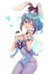 Rule 34 | 1girl, ;d, aile (crossroads), animal ears, artist name, bare shoulders, bicute bunnies miku, black bow, blue eyes, blue hair, blue leotard, blue pantyhose, blush, bow, breasts, cleavage, commentary request, covered navel, double bun, fake animal ears, fishnet pantyhose, fishnets, hair between eyes, hair bun, hands up, hatsune miku, heart, leotard, looking at viewer, medium breasts, one eye closed, open mouth, pantyhose, playboy bunny, rabbit ears, sidelocks, signature, simple background, smile, solo, strapless, strapless leotard, vocaloid, white background, wrist cuffs