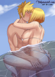 Rule 34 | 1boy, 1girl, artist name, ass, ass grab, bare shoulders, beach, bikini, bikini bottom aside, blonde hair, blue eyes, breast press, breasts, carrying, closed eyes, clothing aside, cloud, curvy, facial mark, hetero, highres, hug, huge ass, huge breasts, kiss, large breasts, limn, naruto (series), naruto shippuuden, ocean, open mouth, otakusexart, outdoors, partially submerged, samui (naruto), sex, shiny skin, short hair, sky, suspended congress, swimsuit, thick thighs, thighs, uzumaki naruto, water, watermark, wet, whisker markings