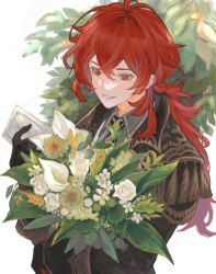 Rule 34 | 1boy, black coat, bouquet, calla lily, coat, diluc (genshin impact), flower, genshin impact, gloves, green flower, hair between eyes, highres, holding, long hair, long sleeves, male focus, mumu vosp, parted lips, ponytail, red eyes, red hair, rose, simple background, solo, upper body, white flower, white rose