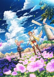 Rule 34 | 2girls, absurdres, atelier (series), atelier ryza, atelier ryza 3, blue sky, boots, bouquet, brown hair, cloud, commentary, commentary request, field, flower, flower field, gloves, highres, klaudia valentz, multiple girls, official art, open mouth, red shorts, reisalin stout, scenery, second-party source, short shorts, shorts, shuu illust, single glove, sky, smile, standing, thigh boots, waving, windmill