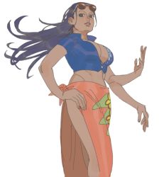 Rule 34 | 1girl, black hair, blue shirt, breasts, center opening, cleavage, crop top, extra arms, eyewear on head, floral print, flower, from below, glasses, hair slicked back, hana hana no mi, hand on own hip, large breasts, lips, long hair, midriff, nico robin, no bra, one piece, open clothes, open shirt, parted lips, pink skirt, sarong, shirt, short sleeves, side slit, simple background, skirt, solo, standing, sunglasses, unzipped, white background, wind, zipper