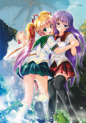 Rule 34 | 2girls, absurdres, bare legs, black thighhighs, blonde hair, blue eyes, blush, bowtie, closed mouth, couple, eyebrows hidden by hair, eyes visible through hair, glasses, green eyes, green skirt, hair between eyes, happy, highres, holding hands, interlocked fingers, komatsu eiji, long hair, looking at viewer, looking back, miniskirt, multiple girls, neck, non-web source, open mouth, original, plaid, plaid bow, plaid bowtie, plaid skirt, pleated skirt, purple hair, rain, red bow, red bowtie, school uniform, skirt, smile, standing, straight hair, thighhighs, thighs, twintails, wet, yuri