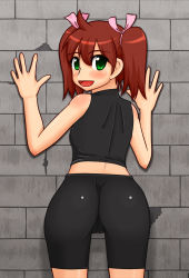 Rule 34 | 1girl, against wall, artist request, ass, bike shorts, blush, female focus, flat chest, from behind, green eyes, latex, latex pants, latex shorts, looking at viewer, looking back, saru getchu, sayaka (saru getchu), skin tight, smile, solo, standing, twintails
