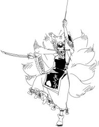 Rule 34 | 1girl, animal ears, bow, dress, female focus, fighting stance, frills, full body, greyscale, hair bow, hat, mitsumoto jouji, monochrome, mouth hold, multiple tails, shoes, short hair, simple background, sketch, slit pupils, solo, standing, standing on one leg, sword, tail, touhou, triple wielding, weapon, wide sleeves, yakumo ran
