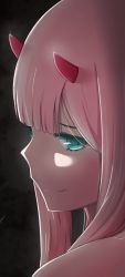 Rule 34 | 1girl, absurdres, aqua eyes, black background, blunt bangs, closed mouth, darling in the franxx, from side, highres, horns, long hair, looking at viewer, looking to the side, pink hair, portrait, smile, solo, straight hair, zaloyr, zero two (darling in the franxx)