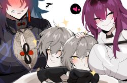Rule 34 | 2girls, absurdres, blade (honkai: star rail), blush, breast press, breast rest, breasts, breasts on head, caelus (honkai: star rail), closed eyes, closed mouth, eyewear on head, face to breasts, face to pecs, fist bump, grey hair, hair between eyes, highres, honkai: star rail, honkai (series), jacket, kafka (honkai: star rail), kurenaiz (kuayrenaiz), large breasts, large pectorals, looking at viewer, mature male, medium hair, multiple girls, muscular, muscular male, pectoral press, pectorals, purple hair, shirt, short hair, simple background, smile, stelle (honkai: star rail), trailblazer (honkai: star rail), white background, yaoi, yellow eyes, yuri