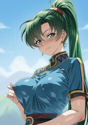 1girl blue_sky blush breasts covered_erect_nipples earrings fire_emblem fire_emblem:_the_blazing_blade green_eyes green_hair high_ponytail highres jewelry large_breasts long_hair lyn_(fire_emblem) nintendo sky smile solo syunzou upper_body