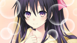 Rule 34 | 10s, 1girl, black hair, blush, cardigan, clenched hand, closed mouth, collarbone, couch, date a live, eyebrows, from side, game cg, gradient background, hair between eyes, hair ribbon, hand on own chest, lens flare, light smile, long hair, looking at viewer, multicolored eyes, on couch, orange background, pink background, pink ribbon, portrait, purple eyes, purple hair, raised eyebrows, ribbon, sitting, solo, tsunako, yatogami tooka