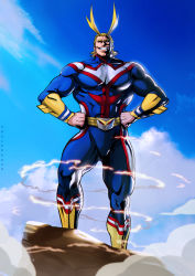 Rule 34 | 10s, 1boy, abs, all might, antenna hair, artist name, belt, black sclera, blonde hair, blue eyes, blue sky, bodysuit, boku no hero academia, boots, colored sclera, dandon fuga, day, facing viewer, grin, hands on own hips, looking at viewer, male focus, manly, muscular, outdoors, short hair, sky, smile, solo, teeth, yagi toshinori