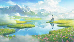 1boy 1girl absurdres artist_name black_hair blue_dress blue_sky cloud cloudy_sky commentary dress field flower flower_field hands_on_own_hips highres howl_(howl_no_ugoku_shiro) howl_no_ugoku_shiro lake looking_at_another mountain on_grass outdoors reflection scenery shirt sitting sky sophie_(howl_no_ugoku_shiro) standing stephen_njoto studio_ghibli white_hair white_shirt