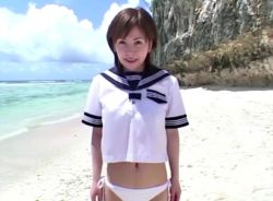 Rule 34 | 1girl, animated, asian, beach, bikini, black eyes, breasts, brown hair, cleavage, cloud, day, japanese (nationality), video, navel, no skirt, outdoors, photo (medium), ran monbu, school uniform, short hair, sky, solo, sound, standing, swimsuit, swimsuit under clothes, tagme, undressing, white bikini