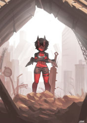 Rule 34 | 1girl, black hair, black jacket, brown eyes, closed mouth, club, club (weapon), colored skin, crossed arms, feet out of frame, grey shorts, horns, jacket, kanabou, kidouko (zakusi), navel, oni, oni horns, open clothes, open jacket, original, outdoors, planted, red oni, red skin, ruins, short hair, short shorts, shorts, signature, solo, spiked club, standing, symbol-only commentary, weapon, zakusi