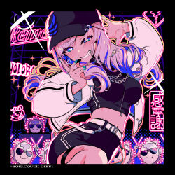 alternate_costume baseball_cap black_hat black_shirt blue_hair breasts character_name commentary_request copyright_name copyright_notice cropped_shirt english_text hat highres hololive hololive_indonesia jacket large_breasts long_hair multicolored_hair official_art pavolia_reine pochi_(pochi-goya) purple_hair shirt two-tone_hair virtual_youtuber white_jacket