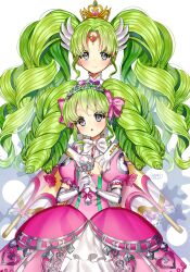 Rule 34 | 2girls, bad id, bad pixiv id, colored eyelashes, commentary, cowboy shot, crown, dress, dual persona, elbow gloves, falulu, falulu (awakened), forehead jewel, gambe, gears, gloves, green hair, grey eyes, headphones, holding, holding microphone, hug, hug from behind, idol clothes, long hair, looking at viewer, microphone, multiple girls, own hands together, parted bangs, pink dress, pretty series, pripara, puffy short sleeves, puffy sleeves, short sleeves, sidelocks, smile, standing, symbol-only commentary, tiara, twintails, very long hair, white gloves, wing hair ornament