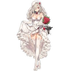 Rule 34 | 1girl, assault rifle, banned artist, beret, blush, bouquet, braid, breasts, bridal veil, bride, choker, cleavage, closed mouth, clothes lift, crossed legs, dress, dress lift, elbow gloves, flower, full body, g36c (girls&#039; frontline), garter straps, girls&#039; frontline, gloves, gun, h&amp;k g36c, hair over one eye, hat, high heels, holding, holding bouquet, lace, lace-trimmed legwear, lace trim, large breasts, lifted by self, long hair, looking at viewer, official alternate costume, official art, parsley-f, red eyes, red flower, red rose, rifle, rose, side braid, sidelocks, silver hair, smile, solo, strapless, strapless dress, thighhighs, transparent background, veil, very long hair, watson cross, wavy hair, weapon, wedding dress, white dress, white footwear, white gloves, white hat, white thighhighs