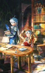 Rule 34 | 1boy, 1girl, 2021, ahoge, alisaie leveilleur, alphinaud leveilleur, blue eyes, blue hair, book, book stack, bookshelf, box, chair, elf, final fantasy, final fantasy xiv, highres, holding, holding book, indoors, inkwell, lamp, library, mooku ffxiv, pointy ears, quill, reading, sitting, table