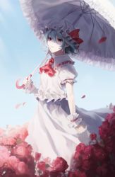 Rule 34 | 1girl, ap5ry, ascot, blue hair, brooch, day, eyebrows hidden by hair, feet out of frame, flower, frilled shirt collar, frills, from side, hair between eyes, hand up, hat, highres, holding, holding umbrella, jewelry, looking at viewer, mob cap, no wings, outdoors, puffy short sleeves, puffy sleeves, red ascot, red flower, red rose, remilia scarlet, rose, shirt, short hair, short sleeves, skirt, solo, touhou, umbrella, white hat, white shirt, white skirt, wrist cuffs