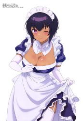 Rule 34 | absurdres, breasts, cleavage, clothes lift, garter straps, gloves, highres, large breasts, lifting own clothes, lilith (saikin yatotta maid ga ayashii), maid, maid headdress, mole, mole on breast, official art, one eye closed, purple eyes, purple hair, saikin yatotta maid ga ayashii, skirt, skirt lift, smile, tan, thighhighs, white gloves, wink