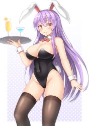 Rule 34 | 1girl, animal ears, bare shoulders, black leotard, bow, bowtie, breasts, brown thighhighs, closed mouth, detached collar, highleg, highleg leotard, highres, large breasts, leotard, light smile, long hair, looking at viewer, playboy bunny, purple hair, rabbit ears, rabbit tail, red eyes, reisen udongein inaba, solo, standing, tail, thighhighs, touhou, tray, very long hair, white background, wrist cuffs, yuu (yu0221f)