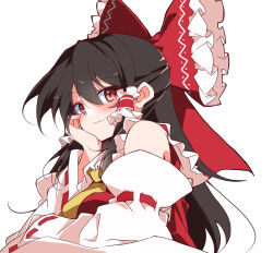 Rule 34 | 1girl, ascot, bare shoulders, black hair, blush, bow, breasts, brown eyes, closed mouth, commentary request, detached sleeves, frilled bow, frills, hair between eyes, hair bow, hakurei reimu, hand on own cheek, hand on own face, happy, highres, ichimura kanata, long hair, long sleeves, medium breasts, red bow, red ribbon, red shirt, ribbon, ribbon-trimmed sleeves, ribbon trim, shirt, simple background, sleeveless, sleeveless shirt, smile, solo, textless version, touhou, upper body, white background, white sleeves, wide sleeves, yellow ascot