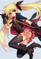 Rule 34 | 1girl, absurdres, arm strap, ass, bardiche (nanoha), belt, belt bra, black cape, black gloves, black thighhighs, blonde hair, boots, cape, fate testarossa, fate testarossa (movie 1st form), frown, gloves, grey background, hair ribbon, highres, holding, holding weapon, hungry clicker, long hair, looking to the side, lyrical nanoha, mahou shoujo lyrical nanoha, mahou shoujo lyrical nanoha the movie 1st, parted bangs, pink skirt, red eyes, ribbon, scythe, simple background, skirt, solo, thighhighs, twintails, very long hair, weapon