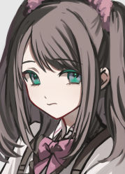 Rule 34 | 1girl, assault lily, bow, bowtie, brown hair, closed mouth, collared shirt, commentary, green eyes, grey background, hair ornament, hair scrunchie, hanaoka angela moe, highres, long hair, looking at viewer, ludvico private girls&#039; academy school uniform, pink bow, pink bowtie, pink scrunchie, portrait, school uniform, scrunchie, shirt, sidelocks, simple background, sketch, solo, suspenders, swept bangs, tareko, two side up, wavy mouth, white shirt