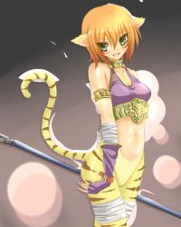 Rule 34 | 1girl, animal ears, bad id, blush, breasts, breath of fire, breath of fire ii, cat ears, cat tail, facial mark, furry, furry female, gloves, gradient background, green eyes, midriff, no panties, no pants, orange hair, pointy ears, red hair, rinpoo chuan, sato toshiya, short hair, solo, staff, tail