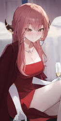 Rule 34 | 1girl, absurdres, alcohol, aru (blue archive), aru (dress) (blue archive), blue archive, blush, breasts, champagne, champagne flute, cleavage, coat, coat on shoulders, commentary, cup, demon horns, dress, drinking glass, gloves, halo, highres, holding, holding cup, horns, indoors, jiang zhuti jiojio, looking at viewer, medium breasts, official alternate costume, pink hair, red coat, red dress, sitting, smile, solo, symbol-only commentary, white gloves