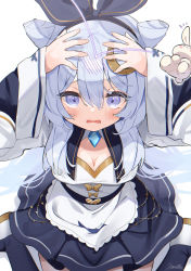 1girl absurdres bad_id bad_pixiv_id black_bow black_thighhighs blue_hair blush bow breasts chestnut_mouth cleavage commentary commission cone_hair_bun crescent crescent_hair_ornament dress hair_between_eyes hair_bow hair_bun hair_ornament hands_on_own_head hands_up highres indie_virtual_youtuber koyubita light_blue_hair long_hair medium_breasts purple_eyes sidelocks skeb_commission thighhighs upper_body virtual_youtuber white_dress white_footwear yakitsuki_(vtuber)