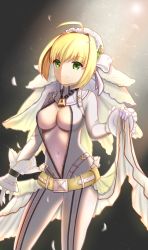 Rule 34 | 10s, 1girl, ahoge, bad id, bad pixiv id, belt, blonde hair, bodysuit, breasts, bridal veil, cape, center opening, chain, cleavage, fate/extella, fate/extra, fate (series), gloves, green eyes, highres, holding, holding cape, holding clothes, lock, looking at viewer, medium breasts, navel, nero claudius (bride) (fate), nero claudius (fate), nero claudius (fate) (all), padlock, short hair, smile, tight clothes, type-moon, unzipped, veil, waist cape, white gloves, wide sleeves, xue fengzi
