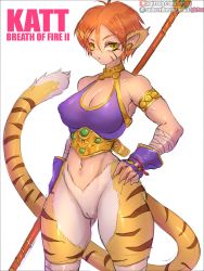 Rule 34 | 1girl, animal ears, breasts, breath of fire, breath of fire ii, bustier, cat ears, cat tail, cleavage, cleft of venus, closed mouth, facial mark, furry, furry female, girlsay, gloves, green eyes, highres, looking at viewer, no panties, no pants, orange hair, pointy ears, pussy, rinpoo chuan, short hair, simple background, solo, staff, tail, weapon, white background