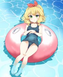 Rule 34 | 1girl, :&lt;, barefoot, blonde hair, blue one-piece swimsuit, blush stickers, collarbone, commentary request, day, flat chest, green eyes, hair between eyes, hair ribbon, hands on own stomach, highres, idolmaster, idolmaster cinderella girls, legs, looking at viewer, medium hair, on water, one-piece swimsuit, outdoors, partially submerged, red innertube, red ribbon, remiri nicoeli, ribbon, sakurai momoka, school swimsuit, sidelocks, solo, swimsuit, thighs, water, wavy hair