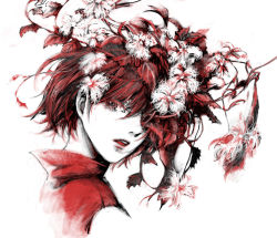 Rule 34 | 1girl, colored eyelashes, female focus, flower, hair over one eye, looking back, meiko (vocaloid), monochrome, plant, popped collar, portrait, red eyes, red hair, red theme, simple background, solo, traditional media, vocaloid, white background, yokan
