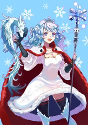 Rule 34 | 1girl, :d, animal, animal on hand, black thighhighs, blue background, blue eyes, blue hair, blue thighhighs, breasts, cape, cleavage, dragon, dress, ficklerabbit, fingerless gloves, gloves, highres, holding, holding staff, light blue hair, light blue legwear, long hair, looking at viewer, medium breasts, open mouth, original, red cape, simple background, smile, snowflake print, snowflakes, solo, staff, standing, thighhighs, tiara, two-sided fabric, two-sided skirt, white cape, white dress