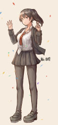 Rule 34 | 1girl, black jacket, black skirt, blazer, brown eyes, brown hair, commentary request, confetti, cosplay, full body, grey background, highres, jacket, kaga (kancolle), kantai collection, loafers, long hair, necktie, pantyhose, pleated skirt, red necktie, school uniform, shirt, shoes, side ponytail, simple background, skirt, solo, standing, untucked shirt, wakaba (kancolle), wakaba (kancolle) (cosplay), wss (nicoseiga19993411)