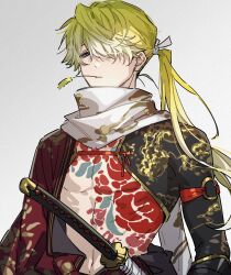 Rule 34 | 1boy, absurdres, alternate costume, blonde hair, chest tattoo, closed mouth, commentary, english commentary, expressionless, floating hair, gold trim, gradient hair, hadanugi dousa, hair over one eye, hair ribbon, highres, igote, japanese clothes, katana, keita kg85, kimono, long hair, looking at viewer, male focus, mouth hold, multicolored hair, nijisanji, nijisanji en, off shoulder, one eye covered, open clothes, open kimono, parted bangs, purple eyes, red kimono, red ribbon, ribbon, scarf, sheath, sheathed, simple background, solo, sonny brisko, stalk in mouth, stomach, stomach tattoo, swept bangs, sword, tattoo, upper body, virtual youtuber, weapon, white background, white hair, white ribbon, white scarf