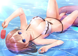 Rule 34 | 1girl, afloat, bare arms, bare legs, bare shoulders, barefoot, bikini, black bikini, blue eyes, blush, breasts, brown hair, cleavage, closed mouth, collarbone, day, food, frilled bikini, frills, holding, holding food, innertube, knee up, lens flare, light rays, looking at viewer, looking back, medium breasts, nakajima yuka, navel, original, outdoors, popsicle, short hair, smile, solo, stomach, sunbeam, sunlight, swim ring, swimsuit, water