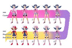 Rule 34 | 00s, 1990s (style), 2009, 2girls, bike shorts, blue hair, brown hair, cabbie hat, comparison, creatures (company), evolution, game freak, hat, hat ribbon, kris (pokemon), lyra (pokemon), multiple girls, nintendo, otsukare, overalls, pokemon, pokemon gsc, pokemon hgss, red ribbon, retro artstyle, ribbon, shoes, short twintails, sneakers, thighhighs, twintails, zettai ryouiki