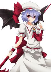 Rule 34 | 1girl, aono meri, ascot, bad id, bad twitter id, bat wings, hat, hat ribbon, highres, light purple hair, looking at viewer, md5 mismatch, mob cap, puffy sleeves, red eyes, remilia scarlet, resized, ribbon, sash, shirt, short hair, short sleeves, simple background, skirt, skirt set, smile, solo, spear the gungnir, touhou, white background, wings, wrist cuffs