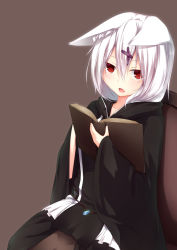 Rule 34 | 1girl, albino, animal ears, bent over, blush, book, collarbone, female focus, hair ornament, hairclip, highres, kisaragi yuki (sora saki), long sleeves, looking at viewer, open mouth, original, red eyes, simple background, sitting, solo, tongue, white hair, wolf ears