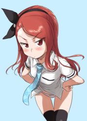 Rule 34 | 1girl, angry, black thighhighs, blush, bow, brown eyes, brown hair, frown, hair bow, hairband, hands on own hips, idolmaster, idolmaster (classic), leaning forward, long hair, minase iori, necktie, no pants, panties, petite, rough time school, school uniform, simple background, solo, thigh gap, thighhighs, ttomm, underwear, white panties