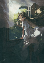 Rule 34 | 1girl, black pantyhose, blue eyes, curtains, feet out of frame, floating hair, from behind, grey skirt, highres, indoors, leaf, original, pantyhose, potg (piotegu), shadow, shirt, shirt tucked in, short sleeves, signature, skirt, solo, tree, white shirt, wind, window