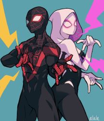 Rule 34 | 1girl, animification, ass, ballet slippers, bodysuit, breasts, gwen stacy, highres, hood, hooded bodysuit, looking at viewer, marvel, mask, medium breasts, miles morales, silk, simple background, skin tight, spider-gwen, spider-man: into the spider-verse, spider-man (miles morales), spider-man (series), spider-verse, spider web, spider web print, superhero costume, sushi pizza rrr