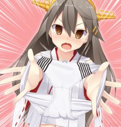 Rule 34 | 10s, 1girl, @ @, akai ronii, bow, bow panties, brown hair, detached sleeves, emphasis lines, grey hair, hair ornament, hairband, hairclip, haruna (kancolle), headgear, holding, holding clothes, holding panties, holding underwear, kantai collection, long hair, looking at viewer, nontraditional miko, open mouth, panties, pink background, presenting removed panties, simple background, solo, striped clothes, striped panties, tears, underwear, upper body, vertical-striped clothes, vertical-striped panties, wavy mouth, white panties