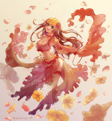 Rule 34 | 1girl, bangle, bracelet, breasts, brown hair, choker, cleavage, commentary request, crop top, dancer, earrings, falling petals, fate/grand order, fate (series), floral background, flower, frills, grey eyes, hair flower, hair ornament, highres, hoop earrings, jewelry, large breasts, long hair, looking at viewer, mata hari (fate), medium breasts, midriff, navel, one eye closed, open mouth, orange skirt, petals, pink flower, puffy short sleeves, puffy sleeves, red flower, revealing clothes, rose, sash, see-through, shawl, short sleeves, sidelocks, simple background, skirt, skirt set, smile, solo, standing, thigh strap, tsumugi (soraki), twitter username, veil, white flower, wrist cuffs, yellow flower