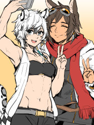 Rule 34 | 1boy, 1girl, :d, animal ear fluff, animal ears, arknights, arm up, armpits, bandeau, bare shoulders, belt, black bandeau, black hair, black shirt, black shorts, breasts, brown hair, cabbie hat, cellphone, cleavage, cliffheart (arknights), closed eyes, closed mouth, collarbone, commentary request, courier (arknights), cowboy shot, deer ears, goggles, goggles on head, grey belt, grey eyes, groin, hair between eyes, hat, holding, holding phone, jacket, leopard ears, leopard girl, leopard tail, looking up, midriff, multicolored hair, navel, oga (ogw175), open mouth, phone, scarf, selfie, shirt, short hair, shorts, sidelocks, simple background, sleeveless, sleeveless duster, sleeveless shirt, small breasts, smartphone, smile, standing, sweat, tail, teeth, upper teeth only, v, white hair, white jacket, yellow background